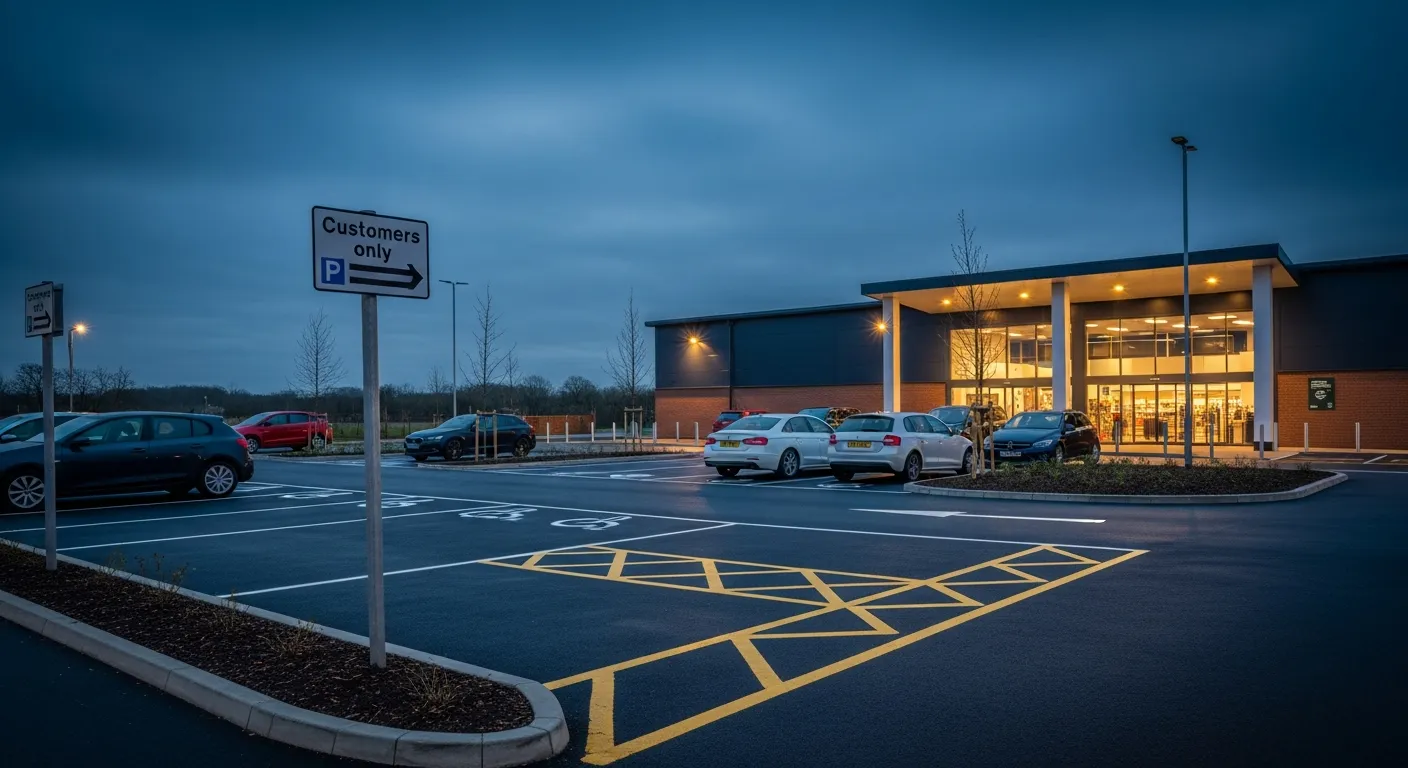 Private business car park with customers-only parking sign at dusk