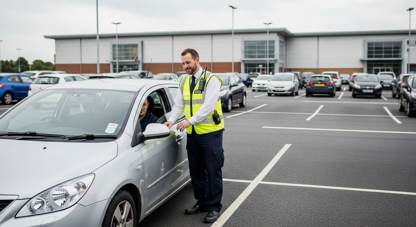 Parking professional in high-visibility vest monitoring a UK car park